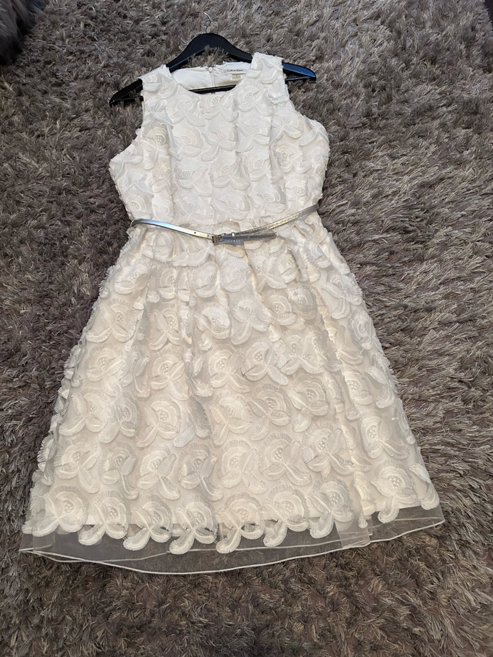 Calvin Klein White Floral Lace Cocktail Dress with Silver Belt